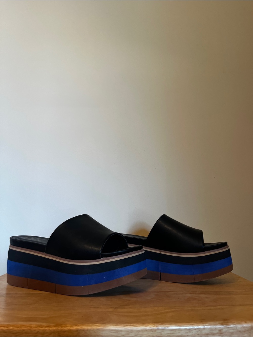 ShuShop Black Slide Mules with Blue and Brown Striped Platform